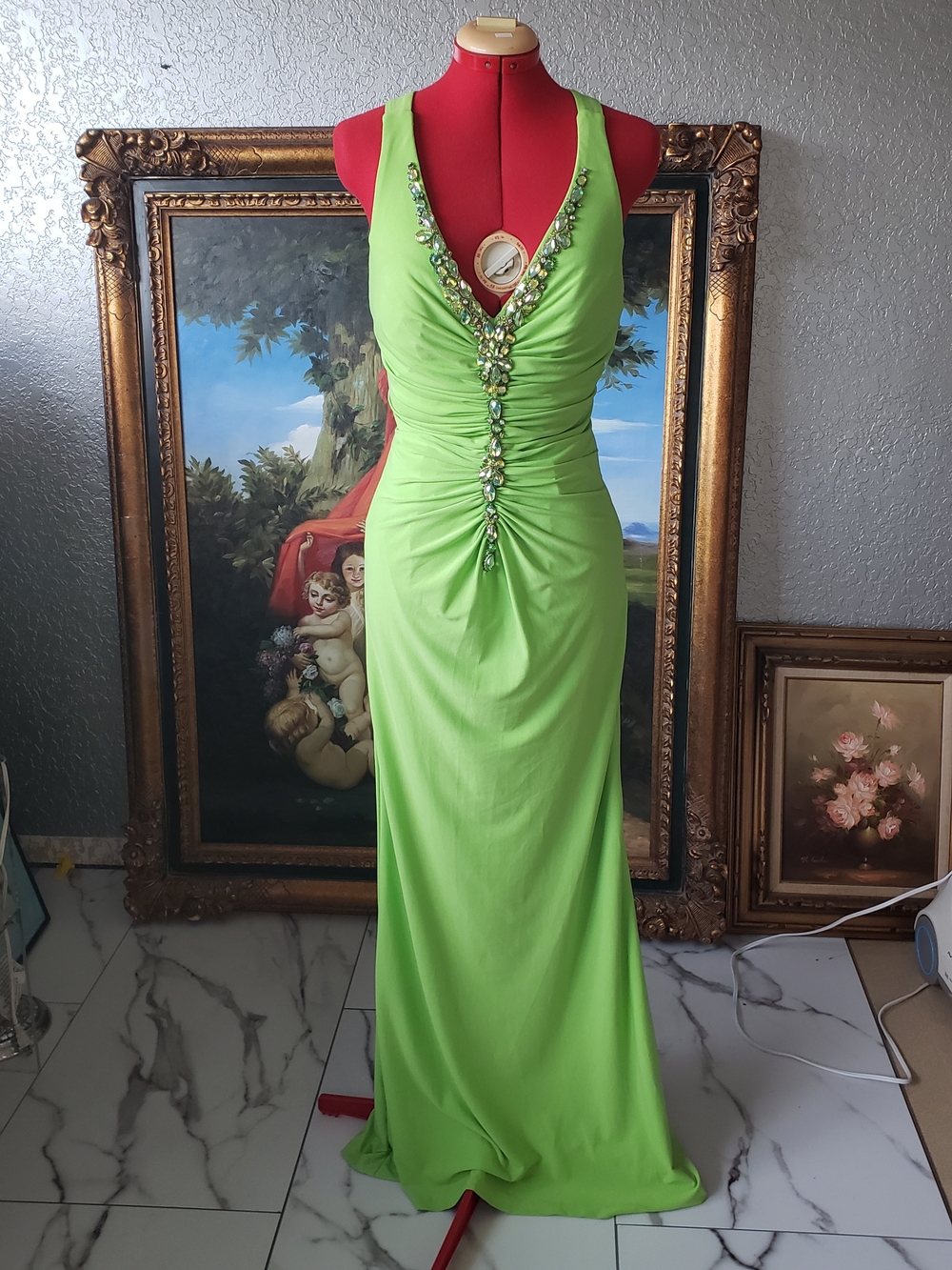 Mystique Boutique Lime Green V-Neck Embellished Maxi Dress